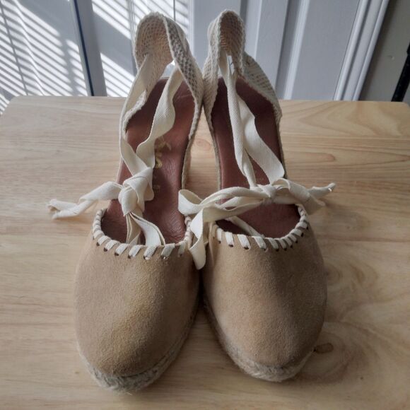 Picon Shoes - Picon Wedge Espadrilles Women's Sz 9 Tan Suede Leather Closed Toe Ankle Tie
